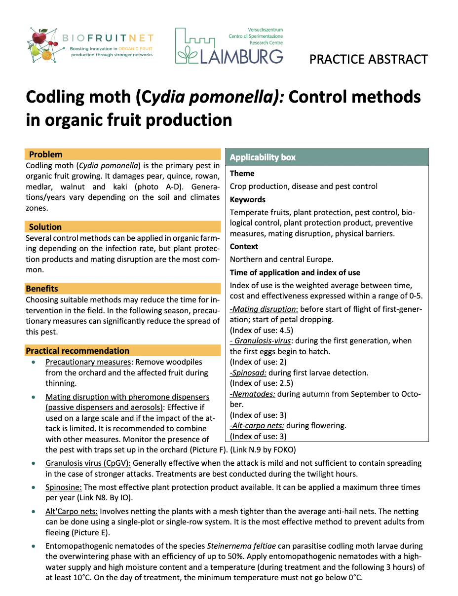 Codling moth (Cydia pomonella): Control methods in organic fruit production (BIOFRUITNET Practice Abstract)