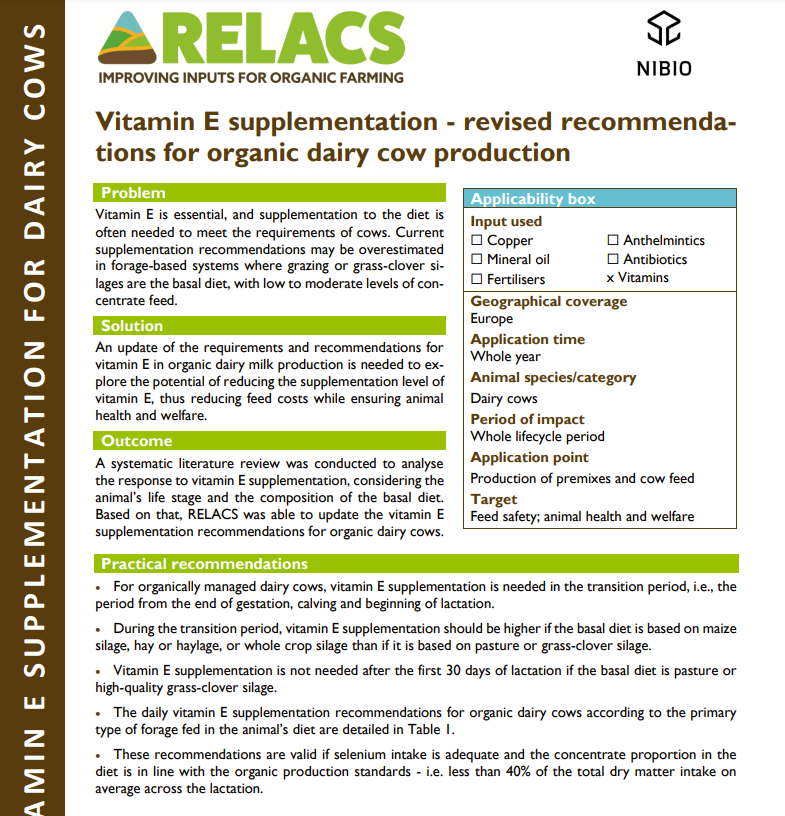 Suplementación con vitamina E: recomendaciones revisadas para la producción de vacas lecheras orgánicas (resumen de la práctica de RELACS)