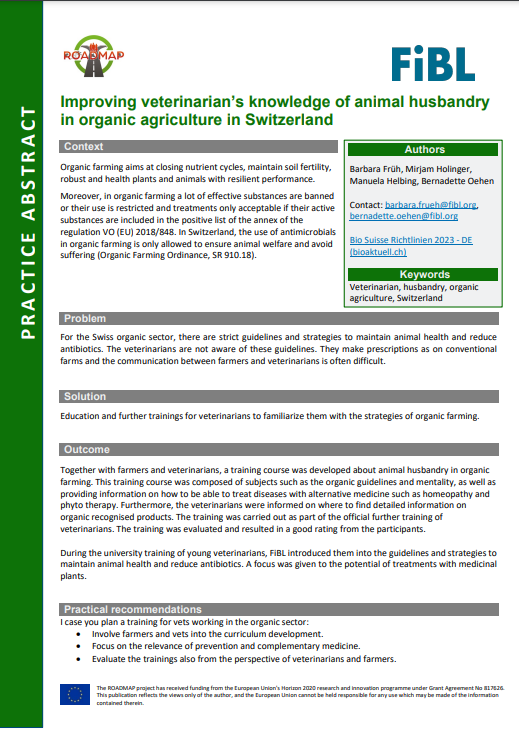 Verbetering van de kennis van dierenartsen over de veehouderij in de biologische landbouw in Zwitserland (ROADMAP Practice Abstract)
